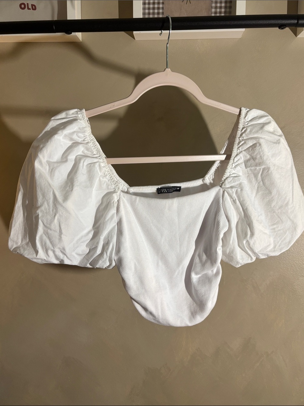 Zara White Puff-Sleeve Square Neck Crop Top